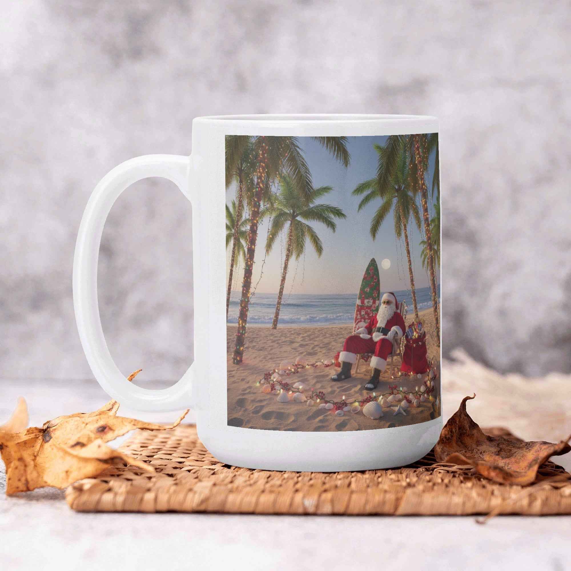 Right hand Tropical Santa White Glossy Mug (15 oz)