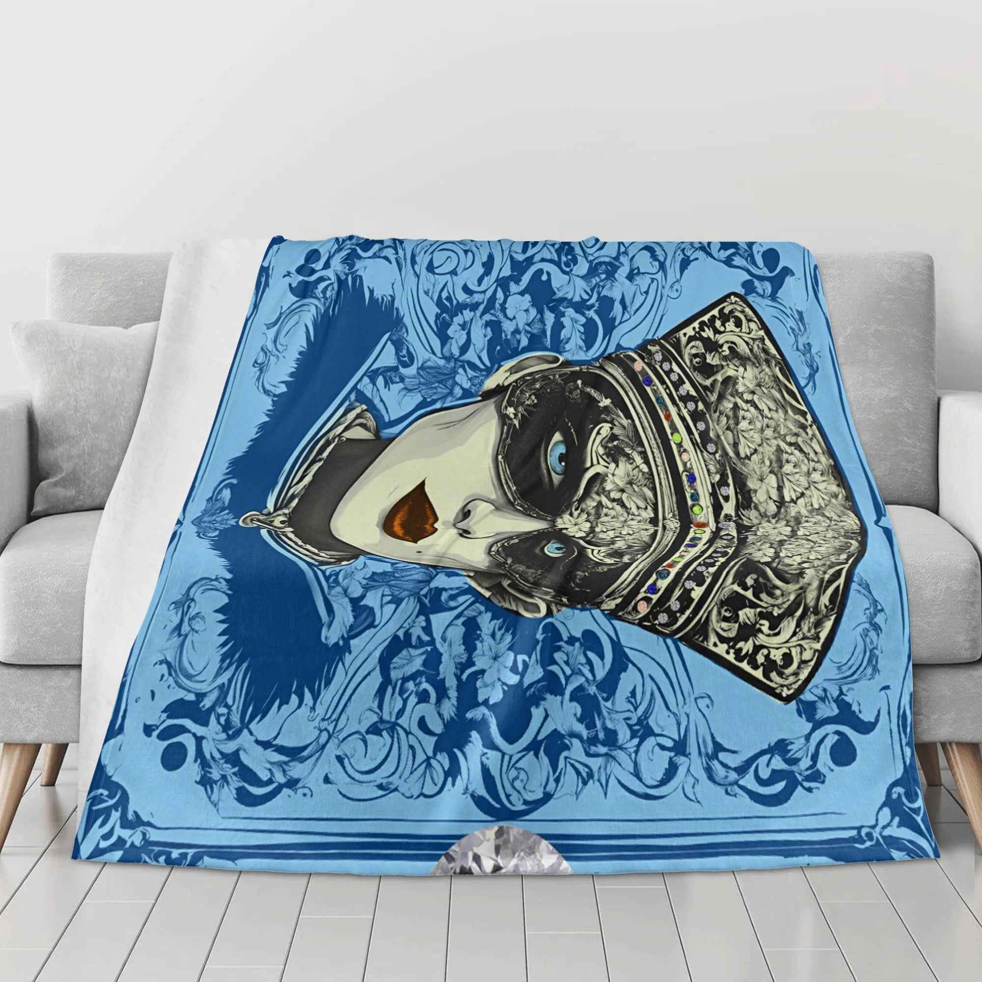 Blue Jeweled Vintage Portrait ~ Made in the USA by Multiple Size Flannel Breathable Blankets (Free Shipping and Shipped in US)