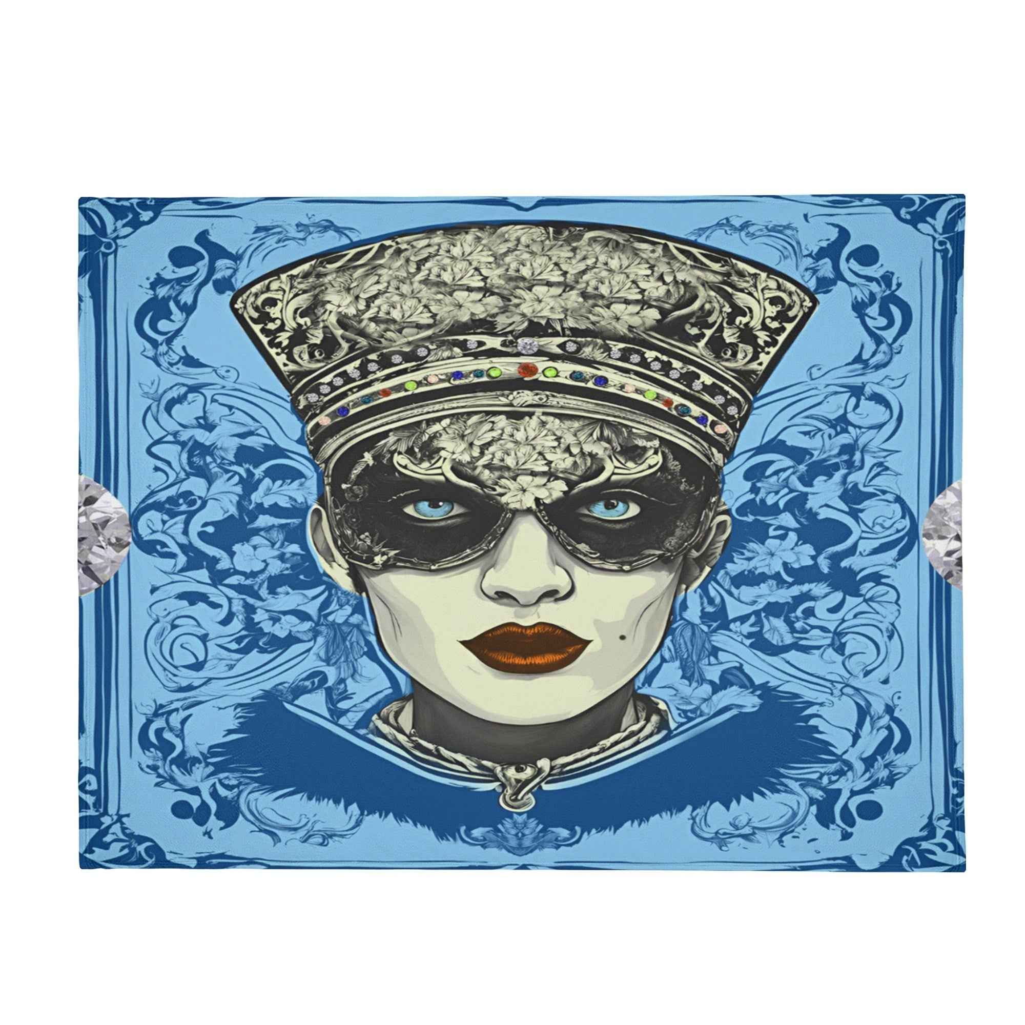 Blue Jeweled Vintage Portrait ~ Made in the USA by Multiple Size Flannel Breathable Blankets (Free Shipping and Shipped in US)