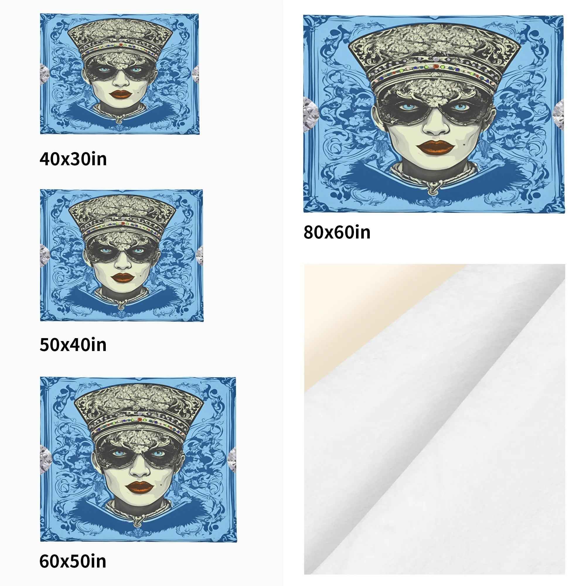 Blue Jeweled Vintage Portrait ~ Made in the USA by Multiple Size Flannel Breathable Blankets (Free Shipping and Shipped in US)