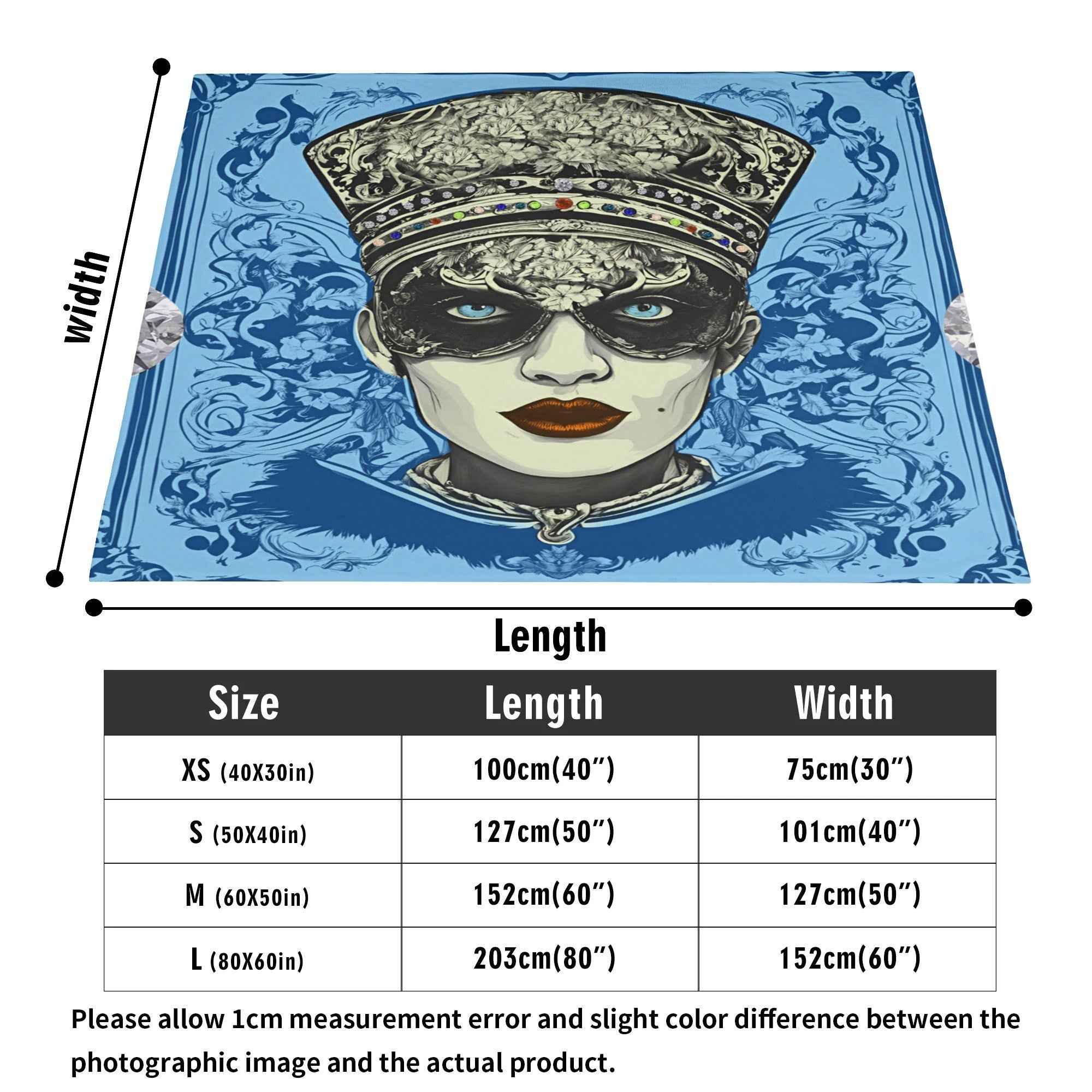 Blue Jeweled Vintage Portrait ~ Made in the USA by Multiple Size Flannel Breathable Blankets (Free Shipping and Shipped in US)