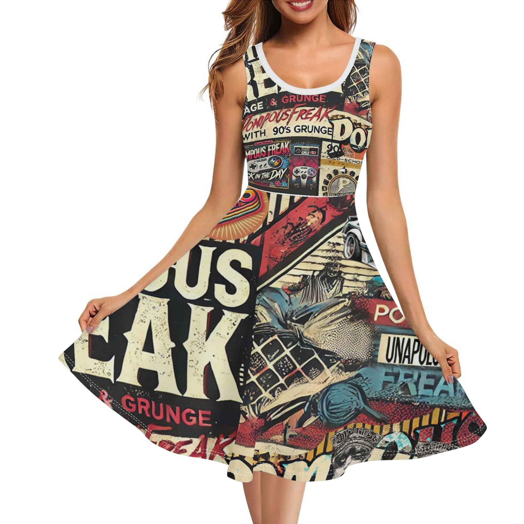 Vintage 90s Tank Dress Midi Wrap Round Neck Sleeveless Sundress